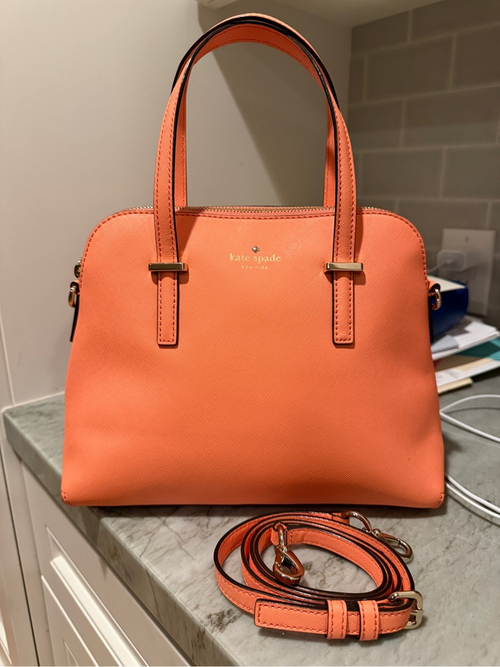 kate spade Coral Orange Saffiano Satchel with Detachable Strap